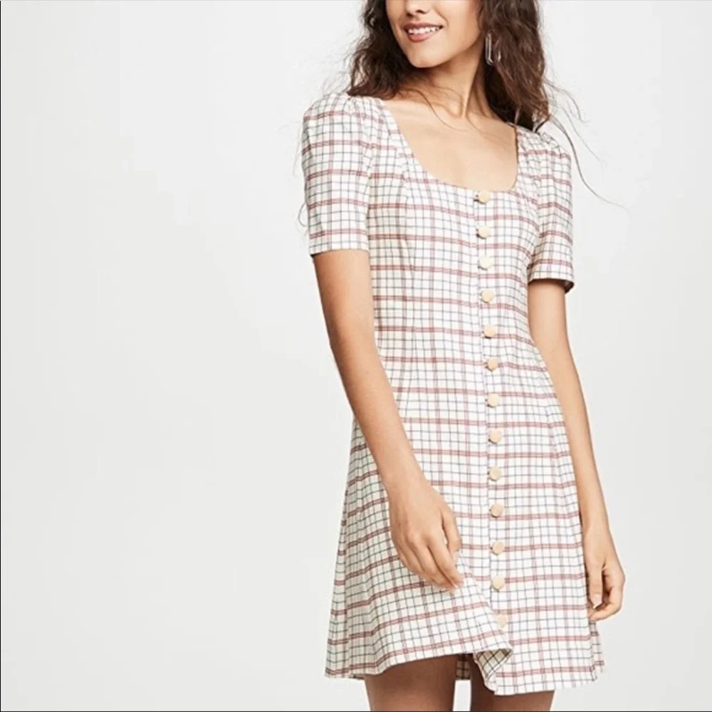 Nicholas Plaid Button Front Puff Sleeve Mini Dress Linen Blend Cream Red Size 2 - Picture 1 of 12